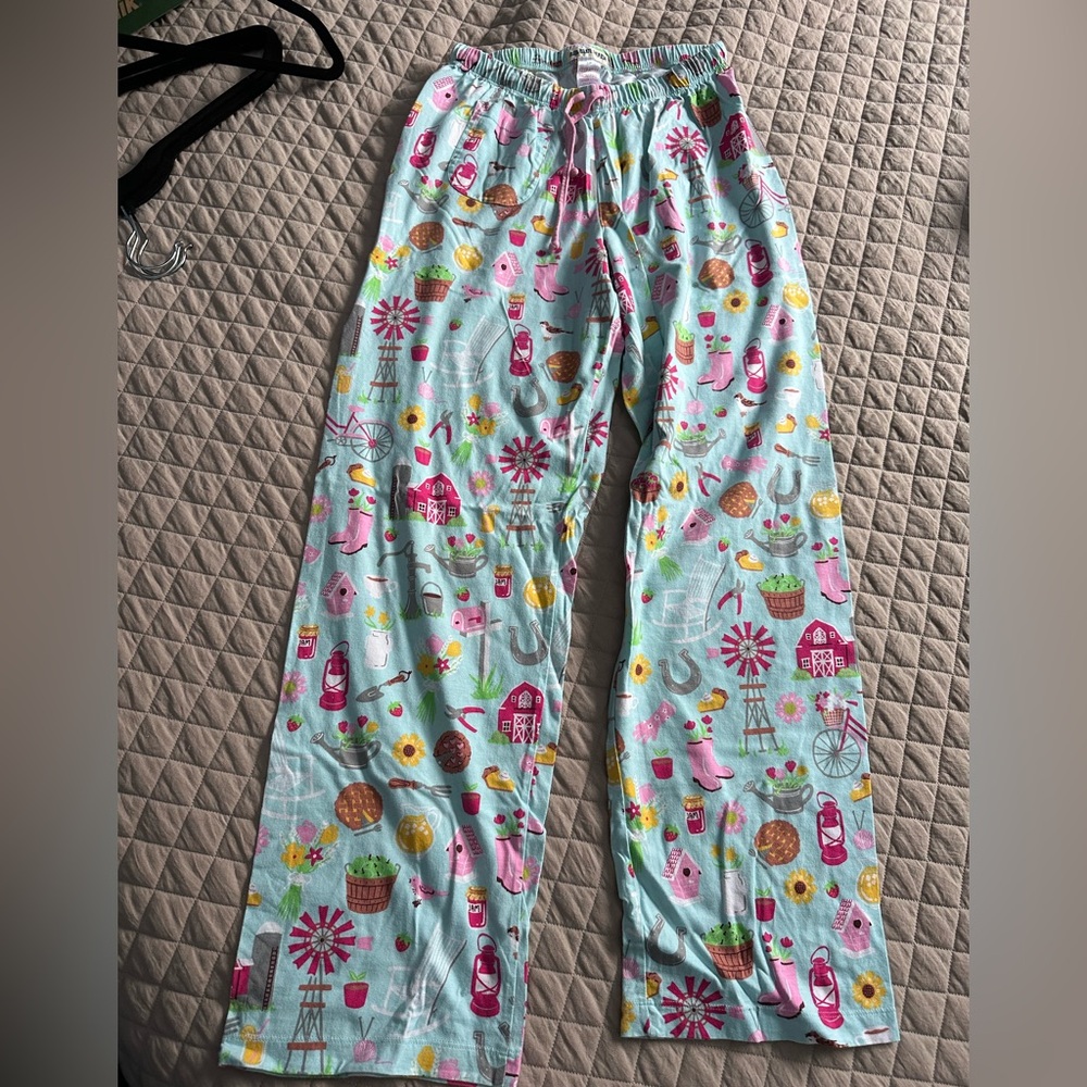 Little Blue House  Pajama Bottoms with Pink and Blue Floral Print